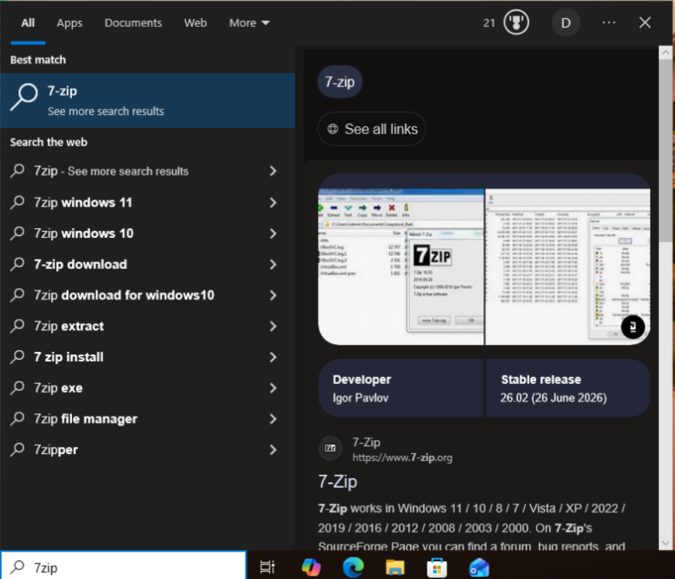 Windows before restart showing 7 Zip is not availabel